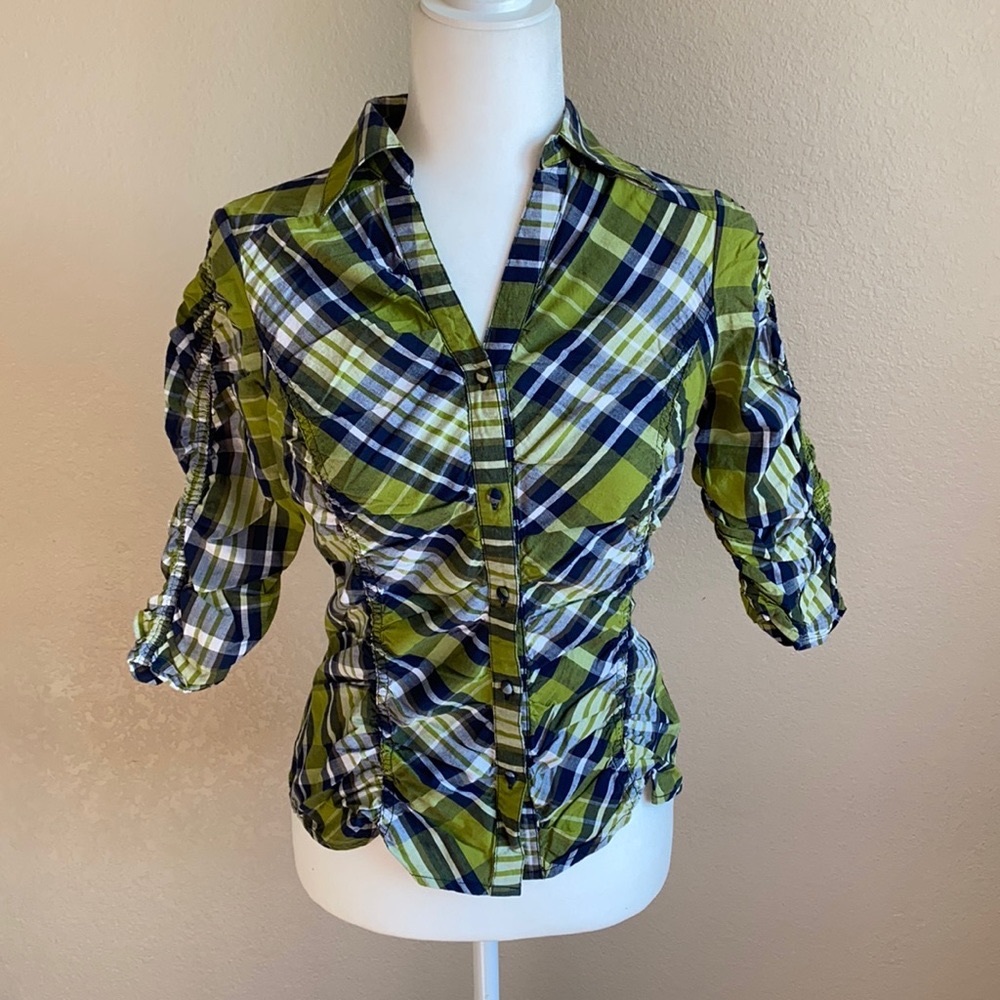 Olive Green Plaid Fitted Button Up Shirt Size M